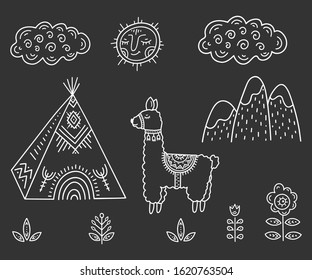 Funny Cartoon children's coloring. Lama about Indian homes Tipi in the mountains among flowers under smiling sun and cloud. Scandinavian style children's drawing. Stylization of chalk drawing.