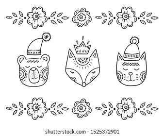 Funny cartoon children's coloring. A smiling muzzle of a bear, a fox and a cat with hats and closed eyes among the flowers. Scandinavian style children's drawing. Folk art.