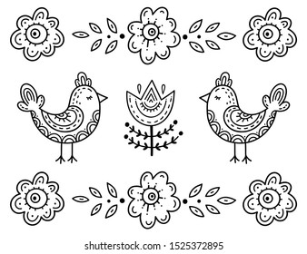 Funny cartoon children's coloring. Two birds with their eyes closed surrounded by flowers. Scandinavian style children's drawing. Folk art.