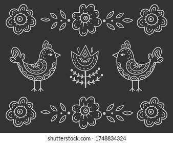 Funny cartoon children's coloring. Two birds with their eyes closed surrounded by flowers. Scandinavian style children's drawing. Folk art. Stylization of chalk drawing.