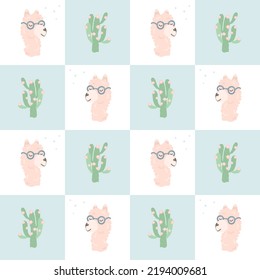 Funny cartoon children's pattern with alpacas. Llama pattern for textile, wallpaper, wrapping paper, children's clothing.