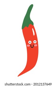 Funny cartoon chilly hot pepper character with face expression. Healthy food doodle vegetable vector illustration. Harvest object in flat style showing emotions