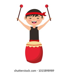 funny cartoon chinese man standing with drum and sticks