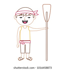 funny cartoon chinese man standing holding wooden oar