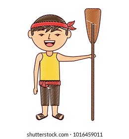 funny cartoon chinese man standing holding wooden oar