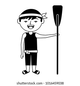 funny cartoon chinese man standing holding wooden oar