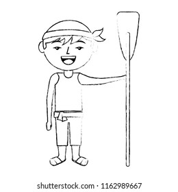 funny cartoon chinese man standing holding wooden oar