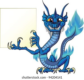 Funny cartoon chinese water dragon with sign, isolate