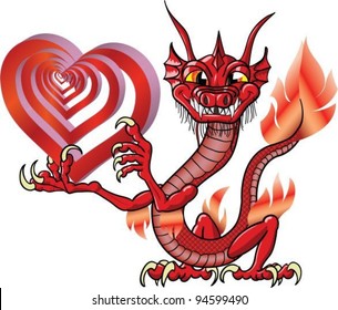 Funny cartoon chinese water dragon with with a stylized heart