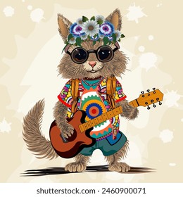 Funny cartoon chipmunk with a guitar. Hipper character. Vector illustration.