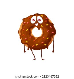 Funny cartoon chocolate donut character, cute yummy food vector personage. Donut with chocolate glaze, sweet dessert and cookie with smile on face, happy candy and bakery pastry for kids menu