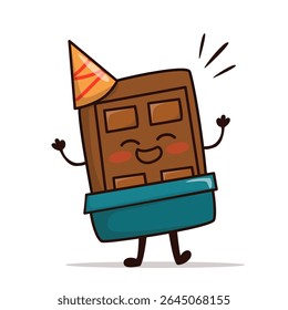 Funny cartoon chocolate mascot with a party hat on its head, smiling happily and celebrating Chocolate Day in festive style.
