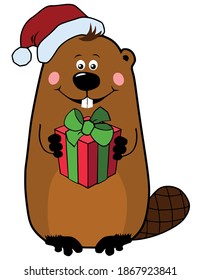 Funny cartoon Christmas beaver in Santa hat with gift box