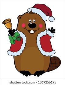 Funny cartoon Christmas beaver in Santa hat with Christmas bell