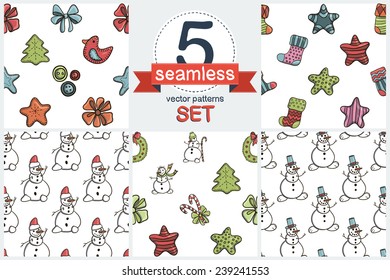 Funny cartoon Christmas elements. Set of 5 vector seamless patterns. 