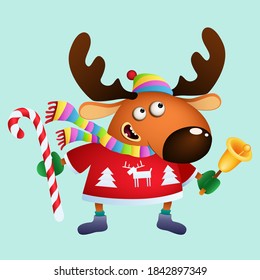 funny cartoon christmas moose in winter clothes with golden bell on blue background. vector illustration