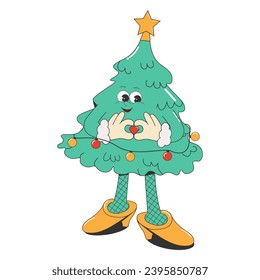 Funny cartoon Christmas, New year tree with a garland isolated on a white background. Groovy vector illustration in retro style of old comics of the 60s-70s.