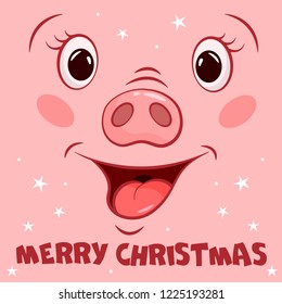 Funny cartoon Christmas pig. Greeting card Merry Christmas and Happy New Year 2019. Vector illustration. Perfect for postcards, posters or banners.