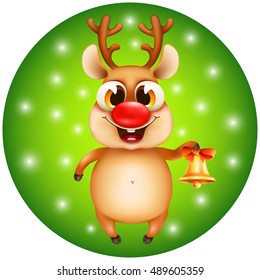 funny cartoon christmas reindeer with golden bell on a green background with snowflake