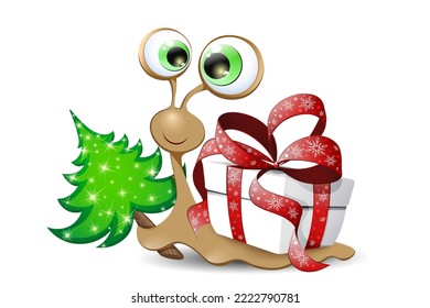 Funny cartoon Christmas Snail with Christmas gift box shell, holding Christmas fir tree. Xmas concept