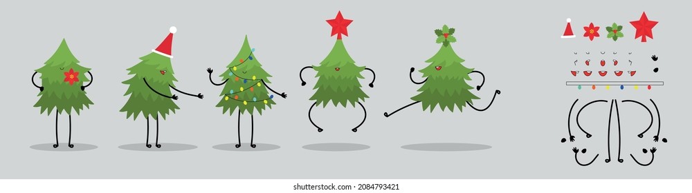 Funny cartoon Christmas tree character creation set vector illustration. Constructor with various gestures, emotions. New Year's character for animation or graphic resources.