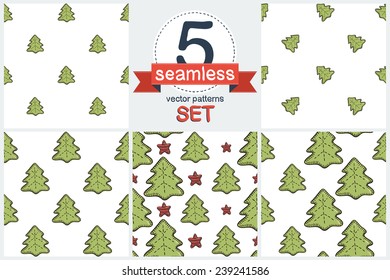 Funny cartoon Christmas tree green spruce and red star. Set of 5 vector seamless pattern. 