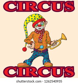 Funny cartoon circus clown. Cheerful joyful performance. Vector illustration.