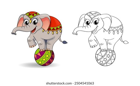 Funny cartoon circus elephant balancing  on ball. Black and white vector illustration for coloring book with example in color