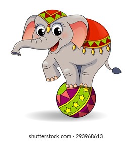 Funny cartoon circus elephant balancing  on ball