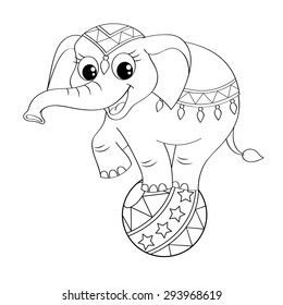 Funny cartoon circus elephant balancing  on ball. Black and white vector illustration for coloring book