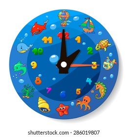 Funny cartoon clock for kids. Sea Animals Collection