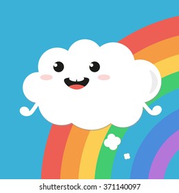 Funny cartoon cloud flying over the rainbow. Flat design vector illustration.
