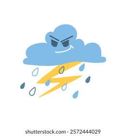 Funny cartoon cloud with rain and lightning