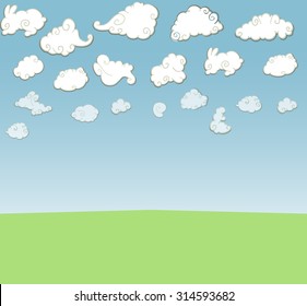 funny cartoon clouds on a blue sky background