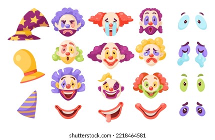 Funny Cartoon Clown-Gesichter und Elemente Vektorgrafiken Satz. Gesichtsausdrücke von Clownfiguren, Augen, Mund, Hüte einzeln auf weißem Hintergrund. Zirkus, Emotionen, Entertainment-Konzept