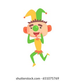 Funny cartoon clown in a jester hat with green nose colorful cartoon character vector Illustration