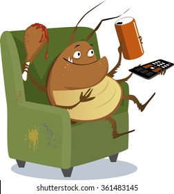 Funny cartoon cockroach sitting in a chair with a TV remote control, drink in a can and a drumstick, EPS 8 vector illustration
