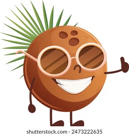 Funny cartoon coconut with palm tree branch shows cool. Hello summer, summer vibe. Vector illustration