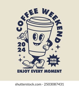 Funny Cartoon Coffee Cup Character - Retro Style Vector Illustration