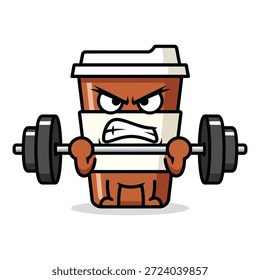 Funny cartoon coffee cup character lifting barbell weight training exercise at gym doing fitness to gain muscle. Strong, healthy and muscular lifestyle workout vector.