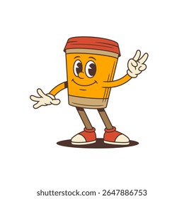 Funny cartoon coffee cup mascot with bright smile and red lid showing victory gesture. Ideal for advertising, cafe branding, packaging and social media content. Vector illustration