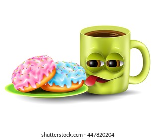 funny cartoon coffee mug and donuts on white background