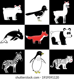 Funny Cartoon Collection of animals in contrasting colors(black and white, red, yellow) easily visible to infants and little children. Vector EPS10. Illustration for kids