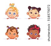 Funny cartoon collection of baby girls portraits, various human races. Vector children characters of different nationalities with billboard.