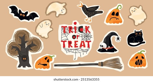 Divertida colección de dibujos animados de pegatinas de Halloween. Truco o trato escrito a mano con telaraña, árbol de miedo, fantasmas lindos, calabazas con caras, murciélago, escoba, cuervo y negro cat.Vector ilustración de color plano en beige.