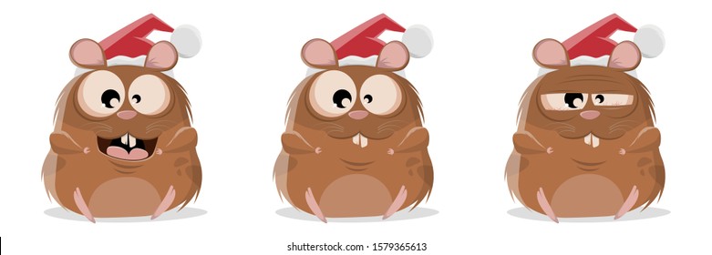 funny cartoon collection of a hamster with christmas hat
