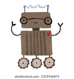 Funny cartoon colored kids robots. Cute cyborg, retro, android, smiling characters in flat illustration isolated on white background. Cute childish illustration, stickers, print