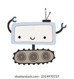 Funny cartoon colored kids robots. Cute cyborg, retro, android, smiling characters in flat illustration isolated on white background. Cute childish illustration, stickers, print
