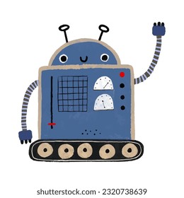 Funny cartoon colored kids robots. Cute cyborg, retro, android, smiling characters in flat illustration isolated on white background. Cute childish illustration, stickers, print