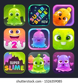 Funny cartoon colorful app icons for slime game logo design. Slimy character icons set. GUI assets collection.